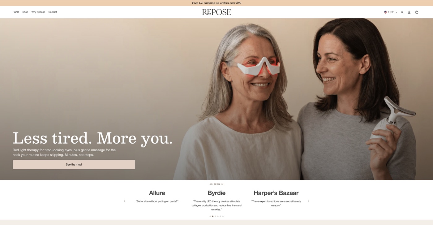 Repose webshop — naslovna sekcija